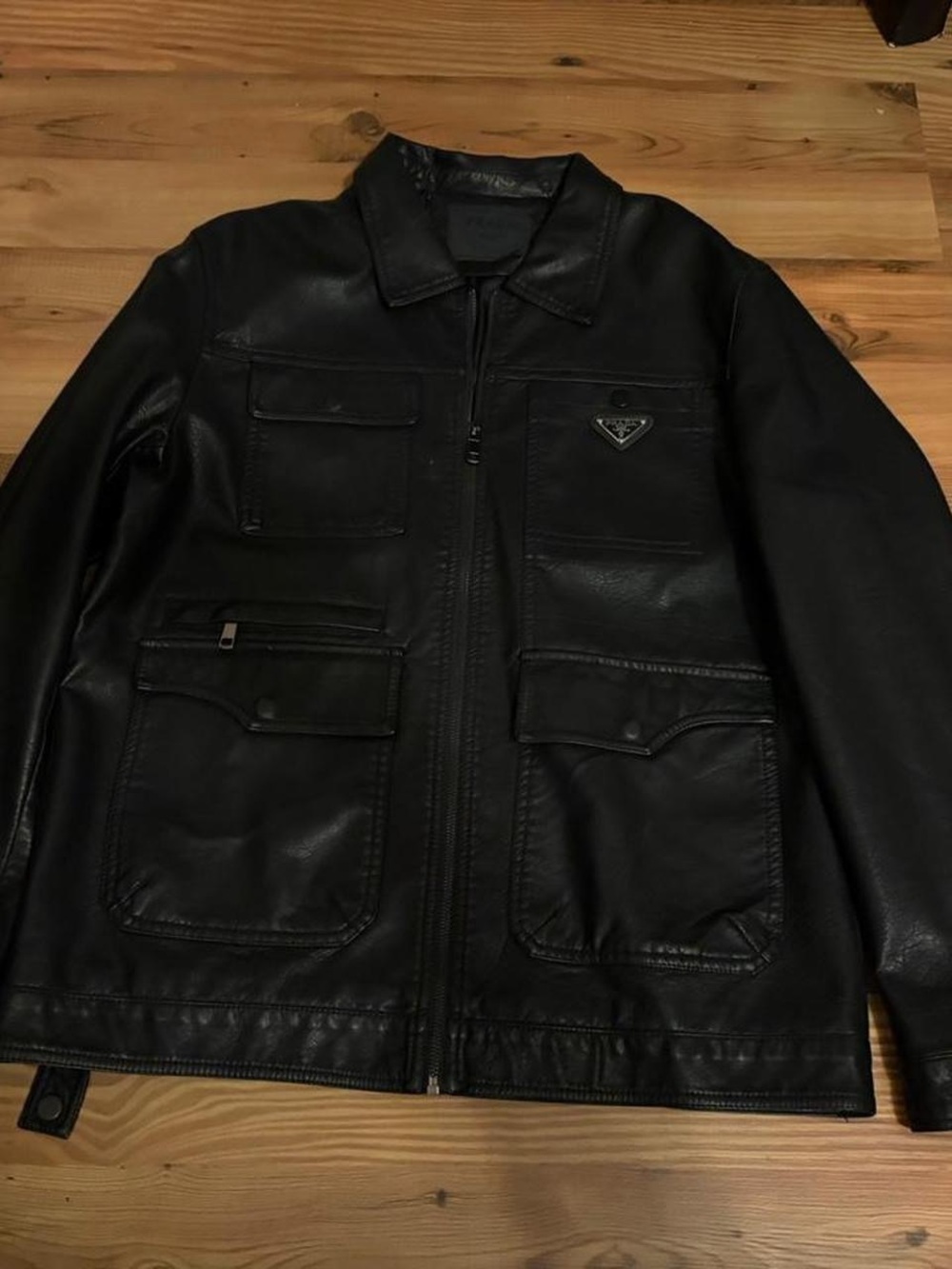 Prada Black Leather Bomber Jacket with Chest Logo Patch